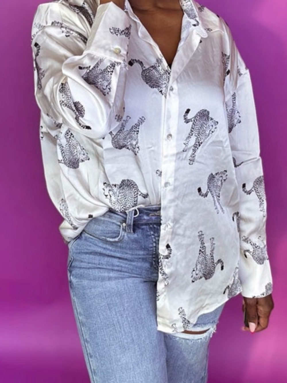 NWOT Champagne Tiger Print Button-Up Shirt. Oversized.